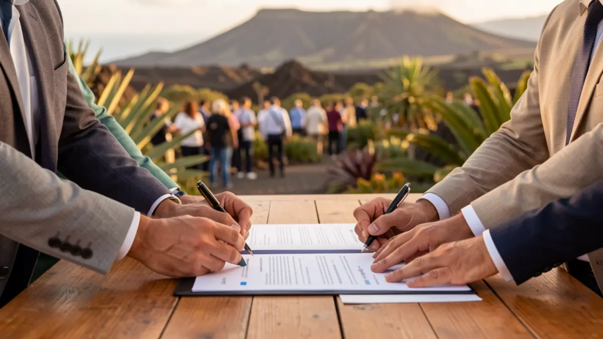 Hands from various organizations signing the Sustainable Mobility Pact in Lanzarote.