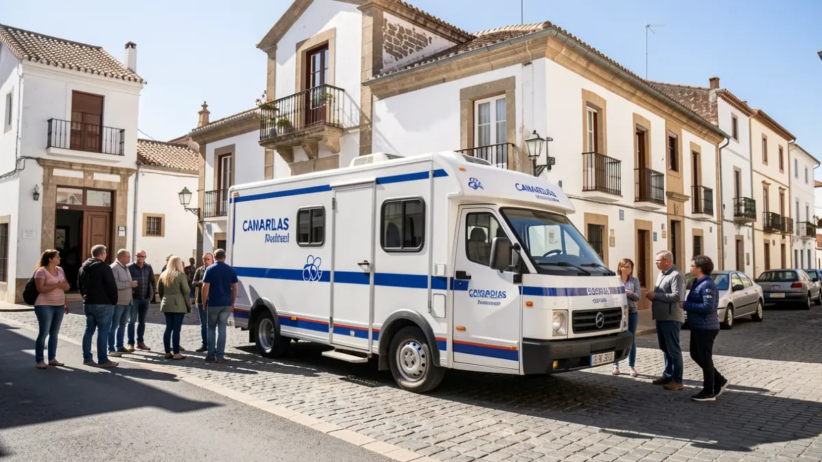 Mobile blood donation unit parked next to a town hall in a Canarias municipality.