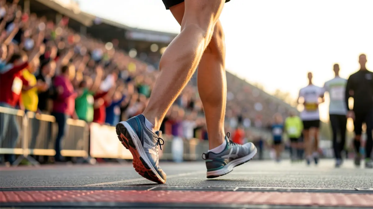 Close-up of a marathon runner's feet crossing the finish line, with a blurred stadium and crowd background.