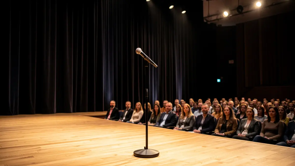 Imagen genérica de un escenario de teatro universitario con un micrófono.