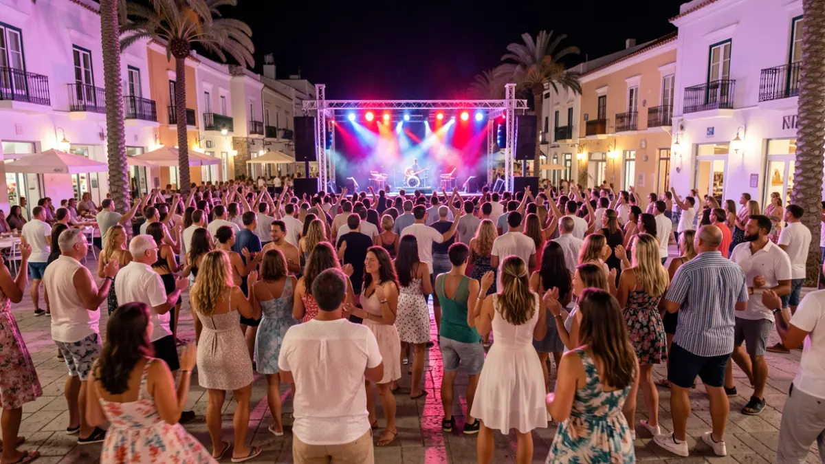 Generic image of an outdoor concert at night with stage lights and a dancing crowd.