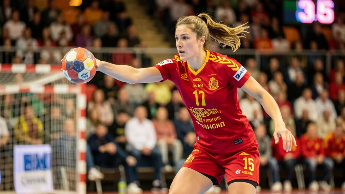 Jugadora de balonmano de la selección española en acción durante un partido contra Alemania.