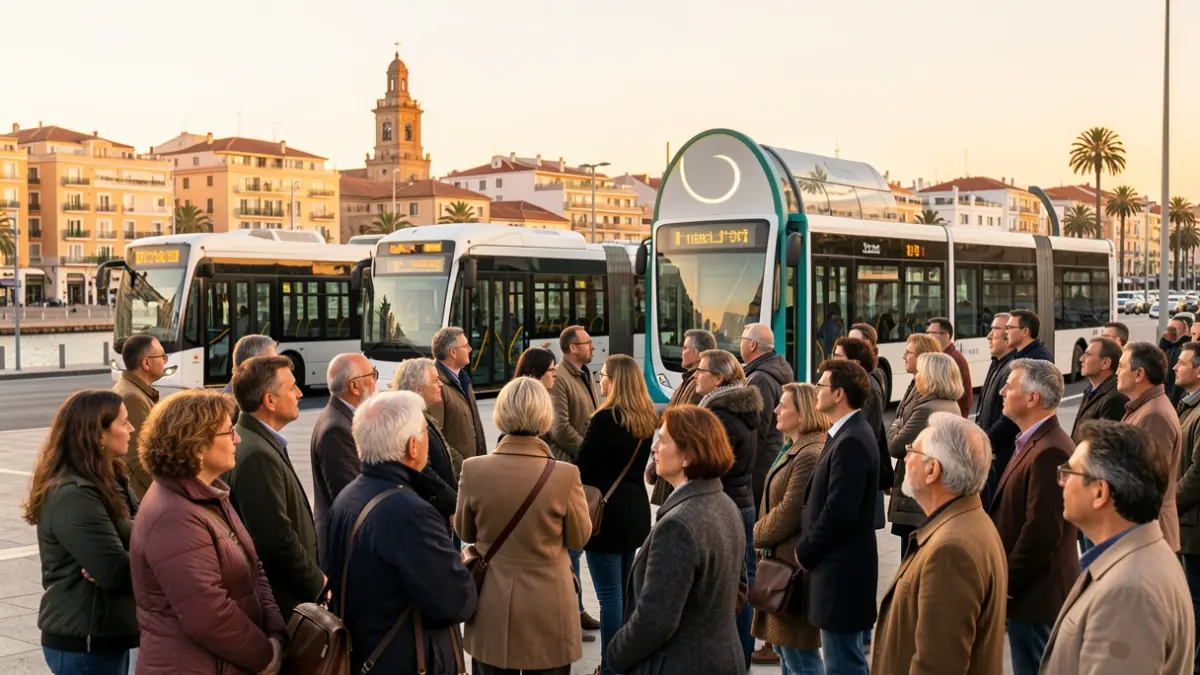 Imagen de ciudadanos de Las Palmas de Gran Canaria observando un modelo de transporte público.