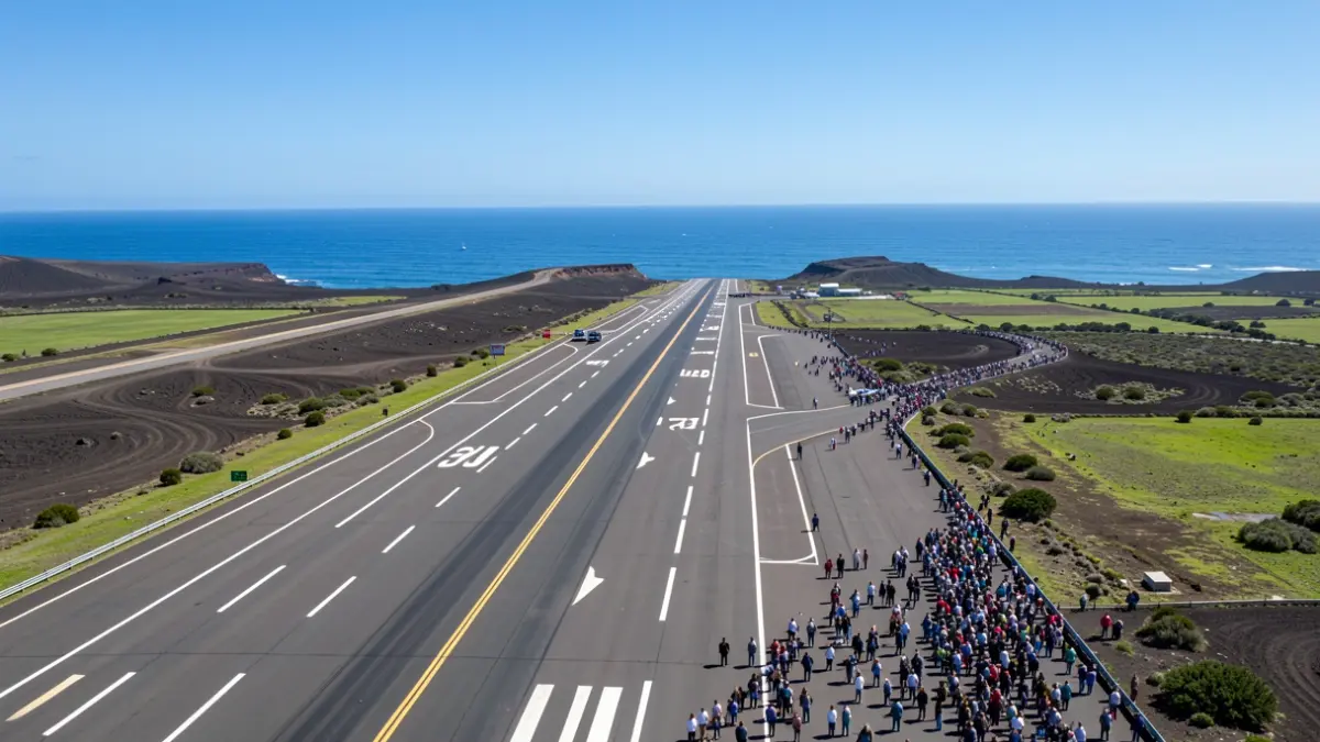 Aerial view of La Palma airport with runways and the Atlantic Ocean.