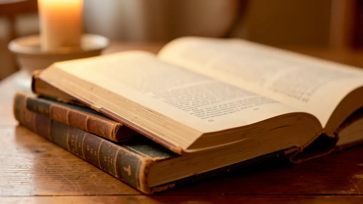Image of several books stacked on a wooden table, one open with blurred text.