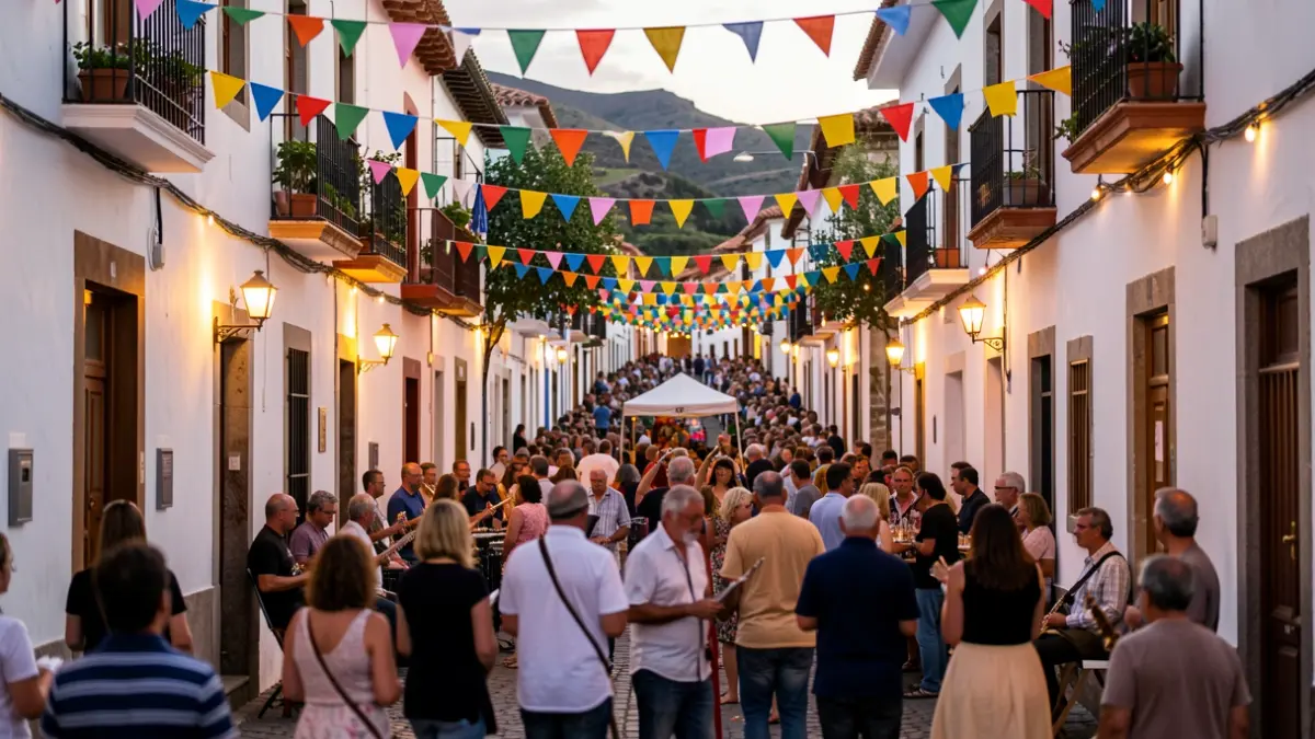 Imagen genérica de una fiesta popular en un barrio de Canarias con decoración festiva y gente disfrutando.