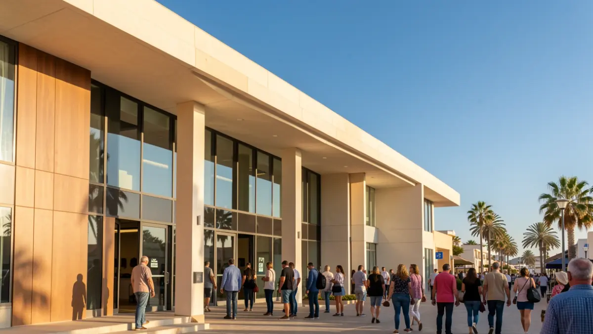 Facade of an institutional building in Fuerteventura under sunlight.