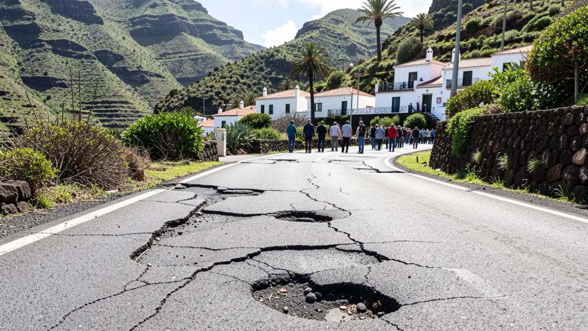 Image of the GC-211 road in poor condition, with cracks and potholes, in a mountainous landscape of Gran Canaria.