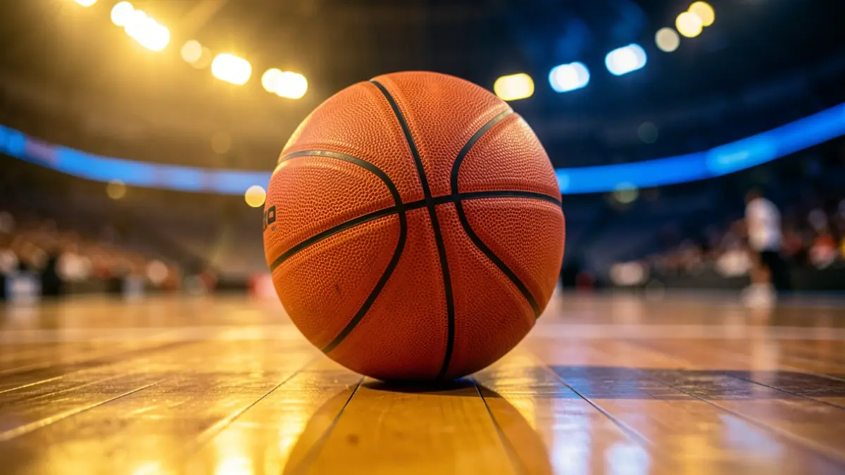 Basketball on a wooden court with blurred stadium lighting.