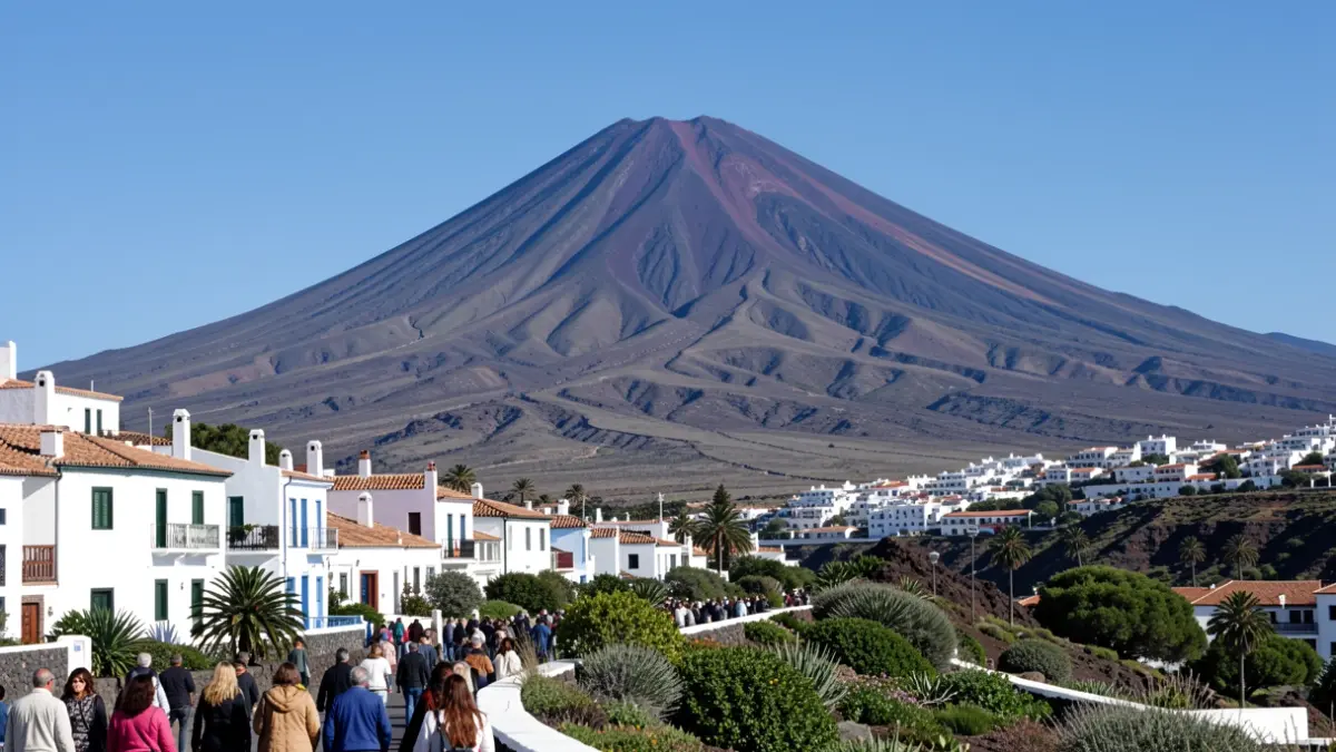 Paisaje volcánico de Canarias con el Teide y arquitectura tradicional.