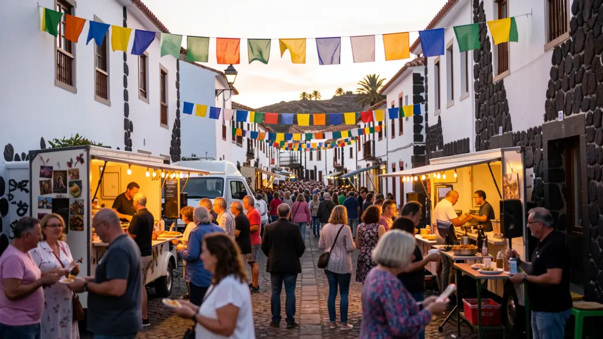 Imagen de una fiesta popular en un pueblo canario con puestos de comida y música en vivo.