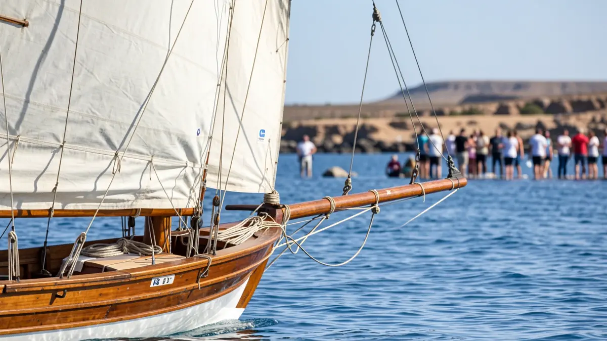 Barquillos de vela latina compitiendo en la bahía de Puerto del Rosario, Fuerteventura.