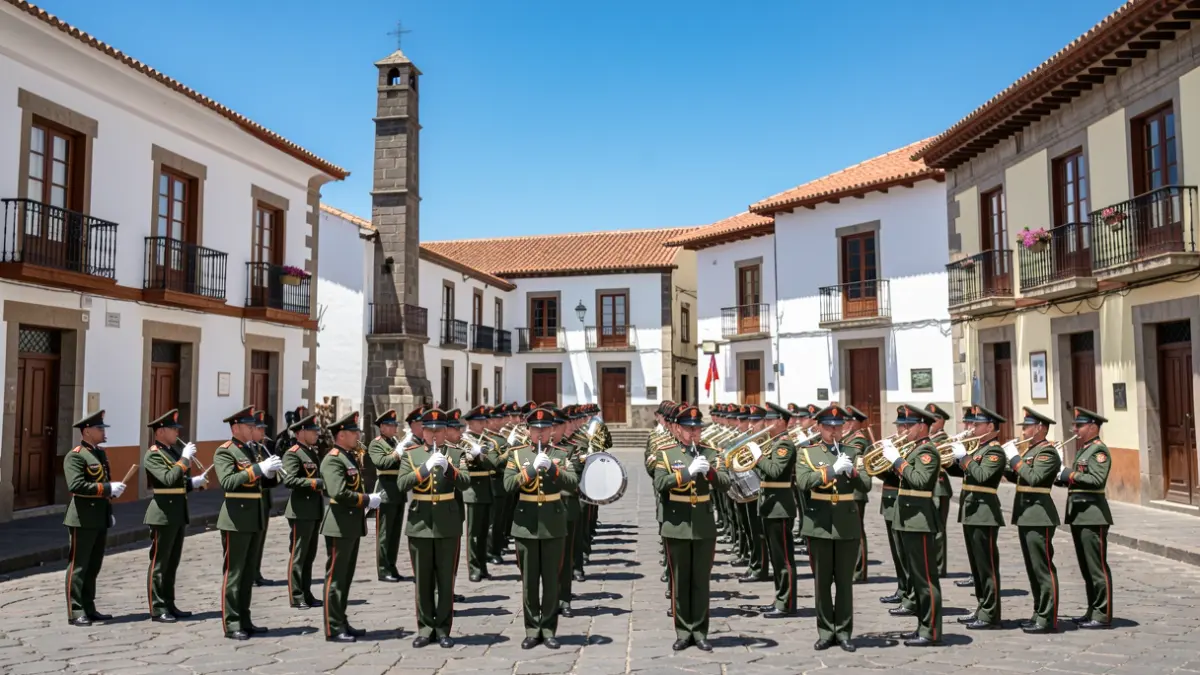 Ensayo de desfile militar en la Plaza del Pino de Teror con la participación del Ejército y bandas de música.
