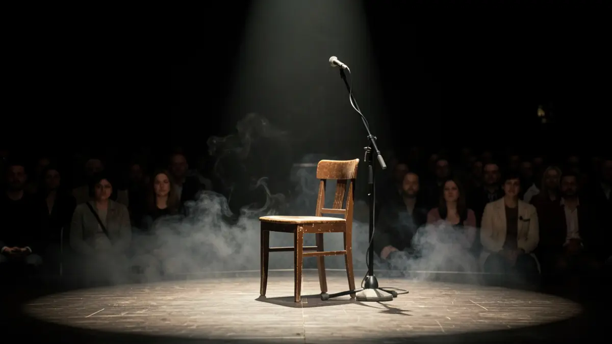 Escena de teatro con una silla y un micrófono bajo un foco de luz.