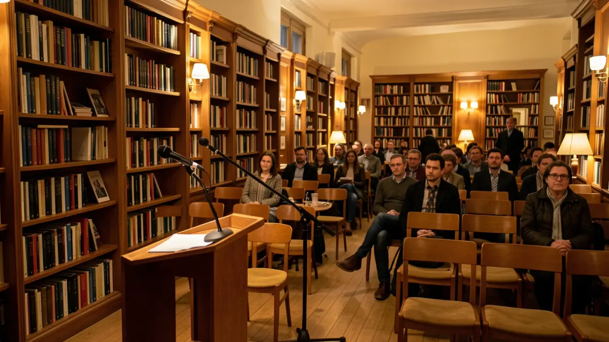 Interior of an event hall with a microphone and bookshelves, evoking a cultural atmosphere.