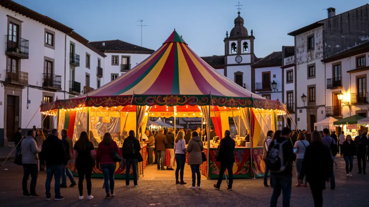 Carpa del festival Soplo de Letras en Teguise con ambiente festivo al atardecer.