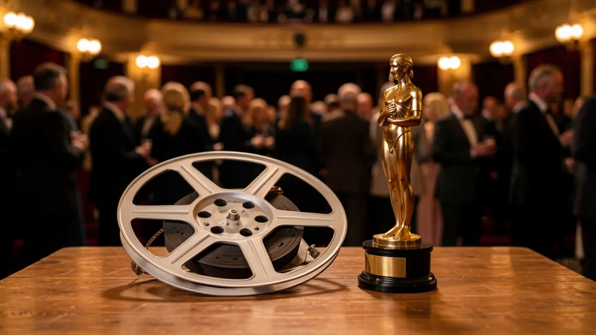 Fotograma de película y estatuilla de premio sobre una mesa de madera, con fondo desenfocado de un cine o festival.
