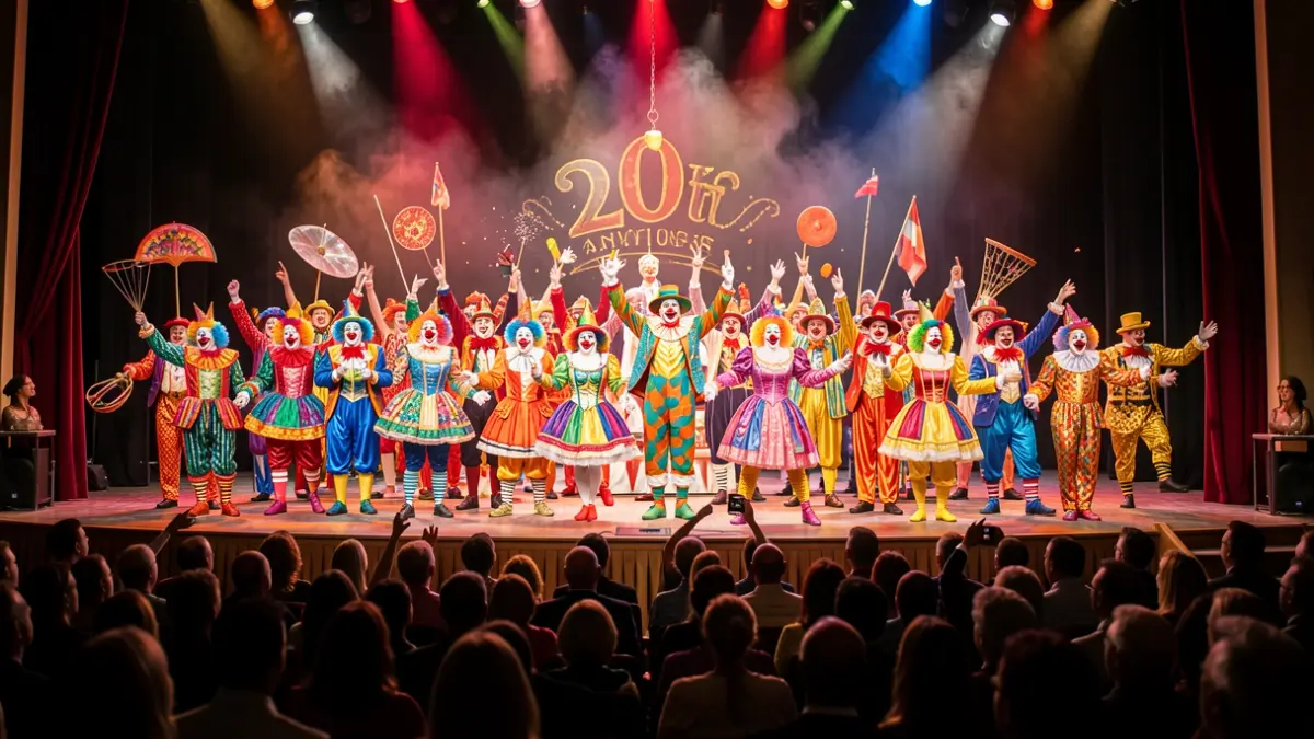 Generic image of circus and clown artists celebrating an anniversary on a stage.