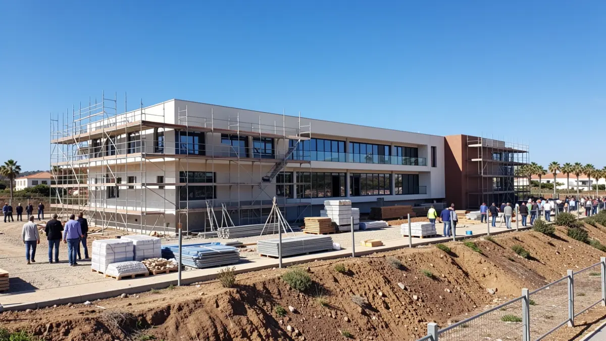 Obras de construcción de una escuela infantil en un entorno soleado.