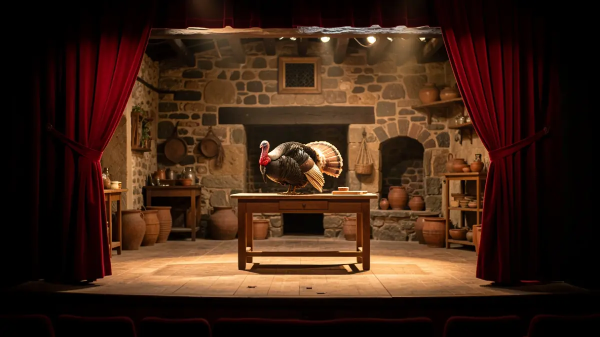 Escena de teatro con telón rojo, escenario rústico y un pavo como elemento central.