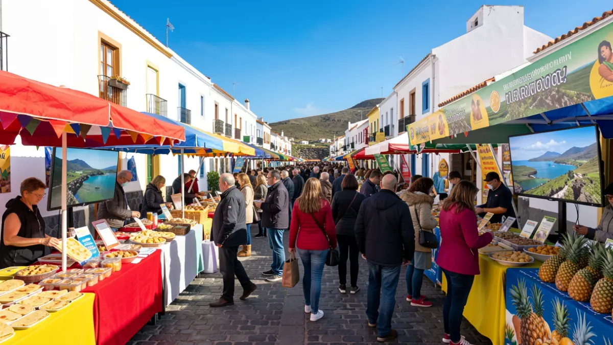Image of the World Tourism Day celebration in La Restinga, El Hierro, featuring local product stalls and information screens.