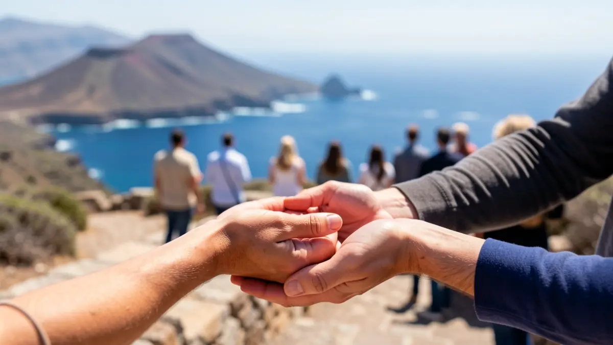 Generic image of mental health support in the Canary Islands, featuring volcanic landscape and offering hands.