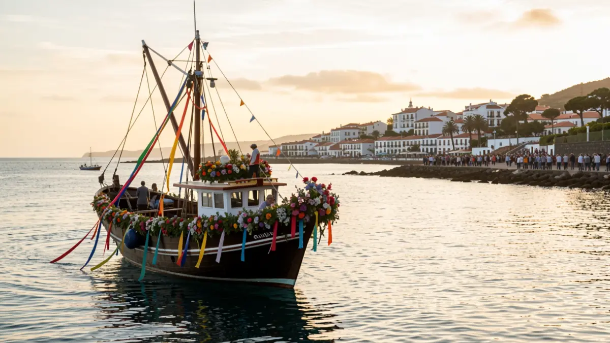 Barca de romería adornada navegando en la bahía de El Médano al atardecer.