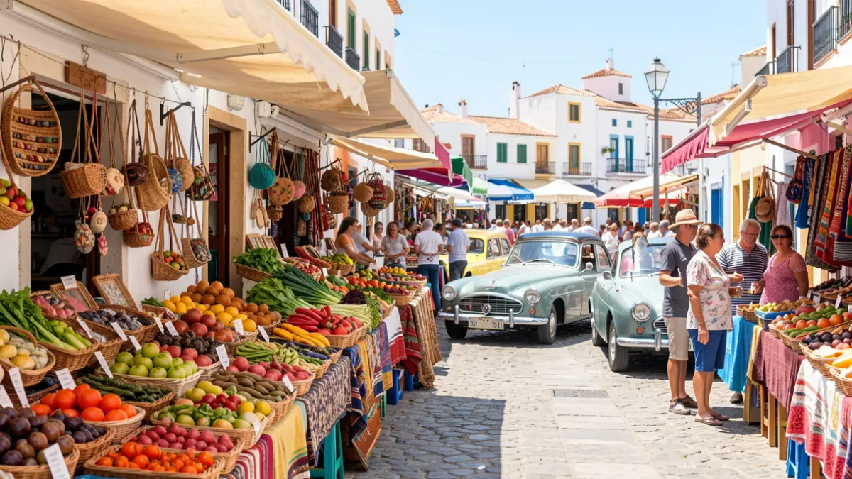 Imagen genérica de un mercadillo local en Canarias con productos, artesanía y vehículos clásicos.