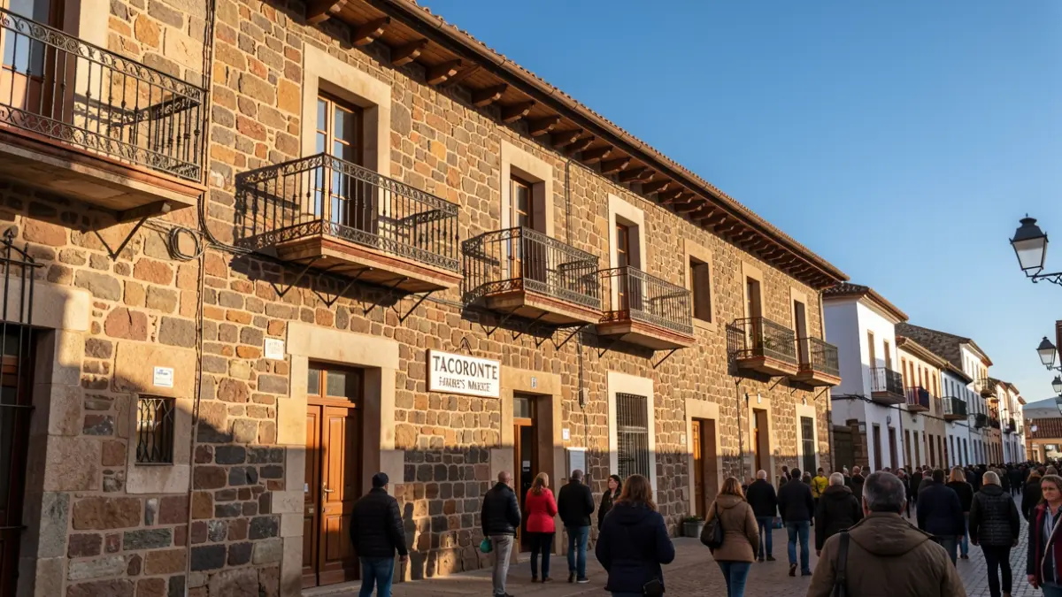 Fachada del Mercadillo del Agricultor de Tacoronte, un edificio de arquitectura tradicional canaria con balcones de hierro forjado, bajo la luz del sol de la tarde.