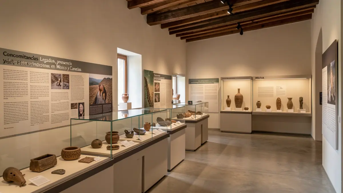 Interior of the Museum of Nature and Archaeology (MUNA) in Tenerife, showcasing the 'Concomitancias' exhibition.
