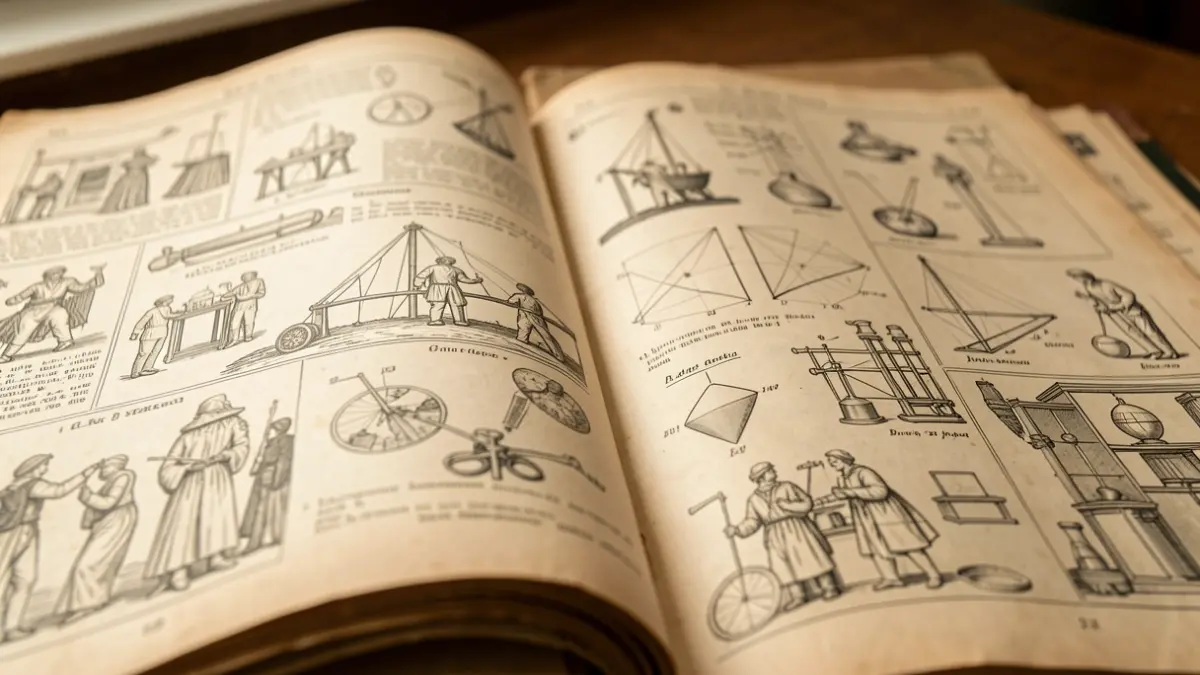 Primer plano de una antigua revista científica abierta de principios del siglo XX, con intrincadas ilustraciones y diagramas en blanco y negro.