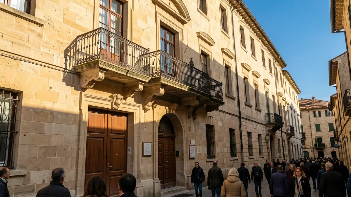 Stone facade of a traditional Canarian town hall with a balcony under sunlight.
