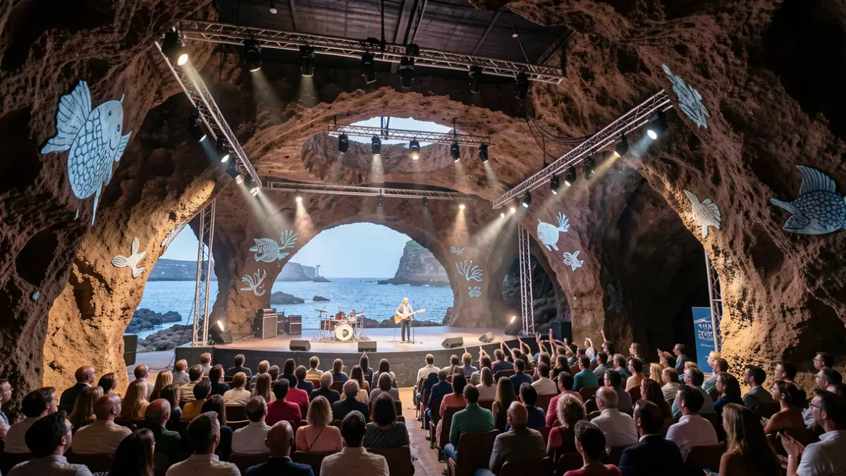 Jameos del Agua auditorium in Lanzarote prepared for the Ocean Film Tour.