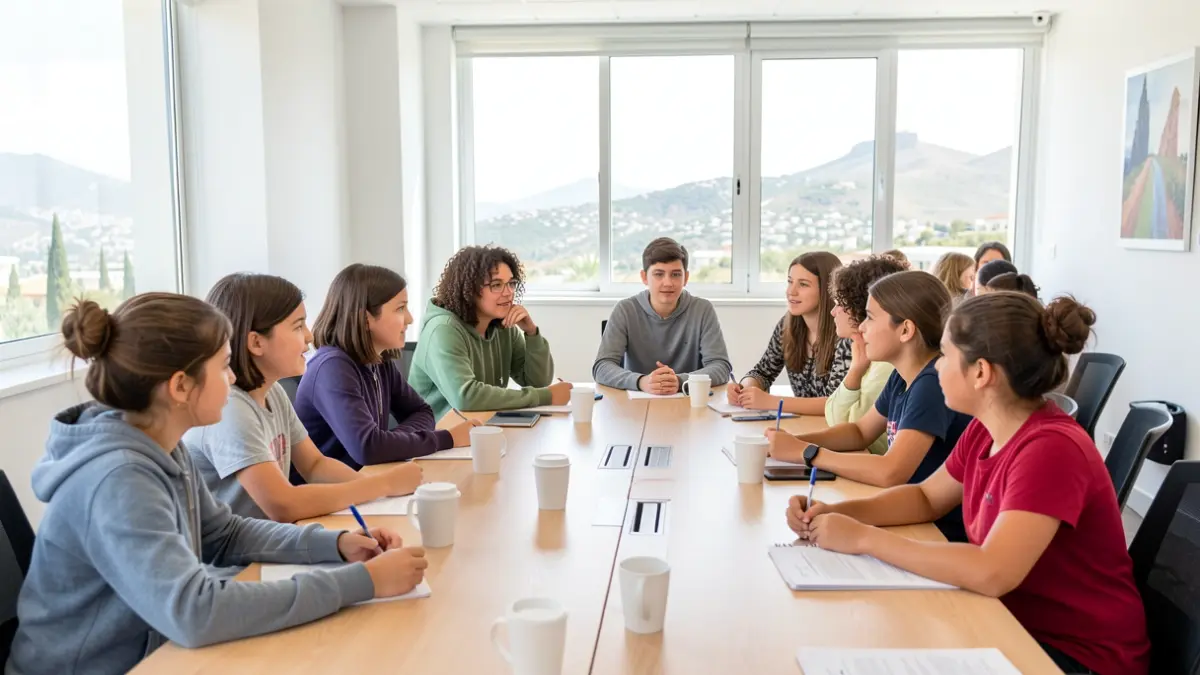 Imagen de niños y adolescentes participando en una reunión municipal en Canarias.