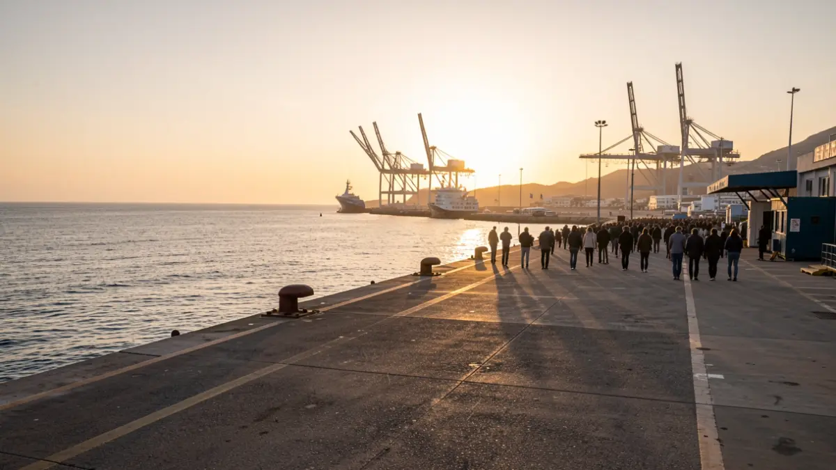 Vista de un muelle portuario en Canarias al atardecer.