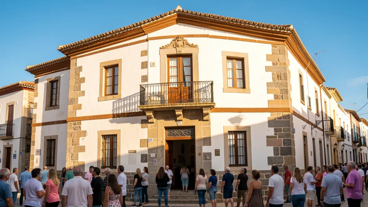 Fachada de un ayuntamiento tradicional canario con balcón y luz de tarde.