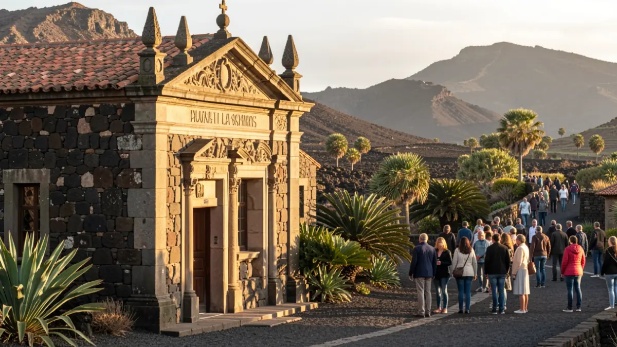 Facade of the Hermitage of El Pino in El Paso, La Palma, with volcanic landscape in the background.