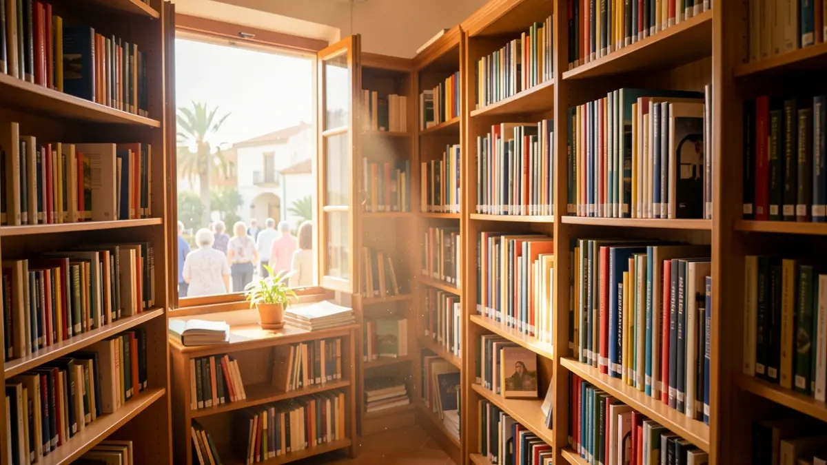 Imagen de interior de biblioteca municipal en Canarias con estanterías llenas de libros y luz natural.