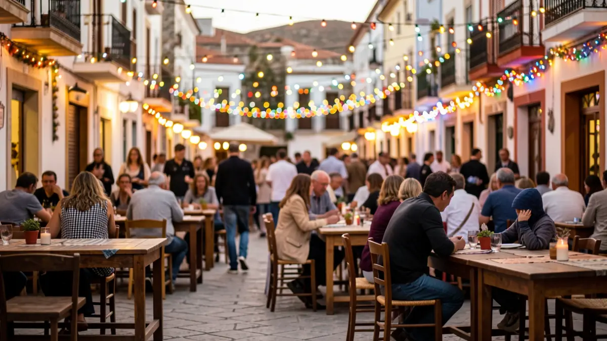 Ambiente festivo en una plaza con luces y mesas, reflejando la celebración del Oktoberfest.