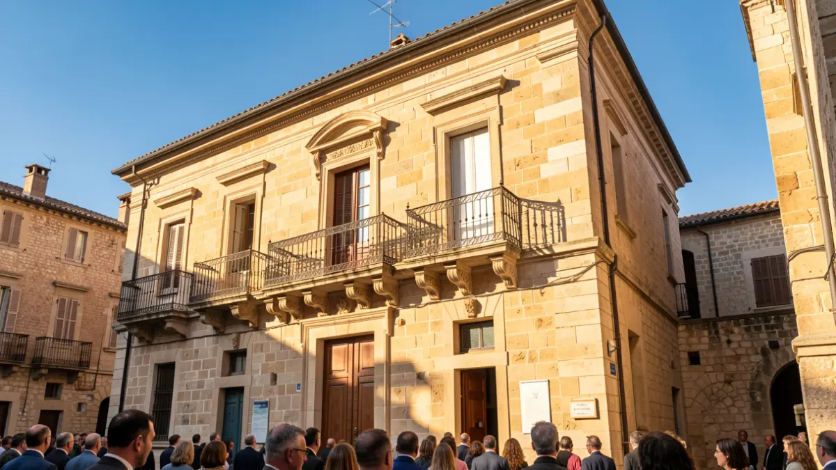 Fachada de un ayuntamiento tradicional de Canarias con balcón y barandillas de hierro, luz cálida de la tarde.
