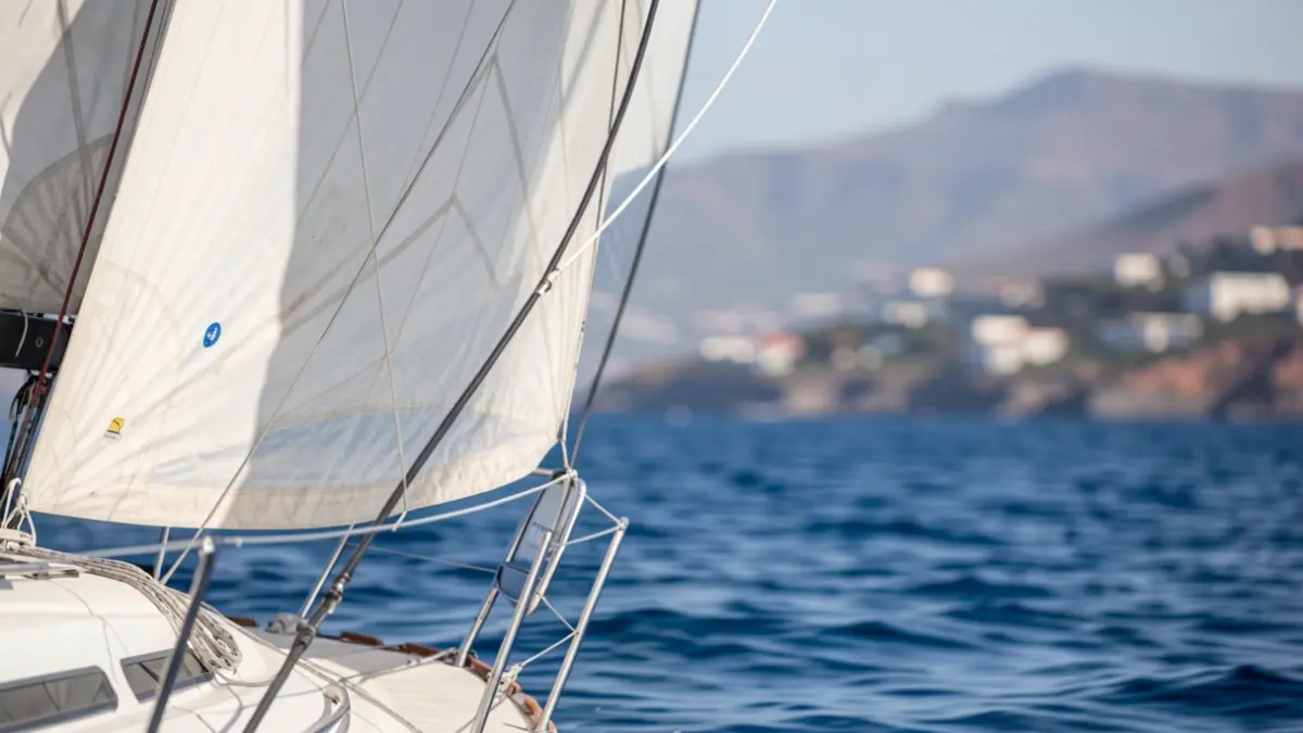 Detalle de la vela de un bote de Vela Latina Canaria en competición en la bahía de Las Palmas de Gran Canaria.