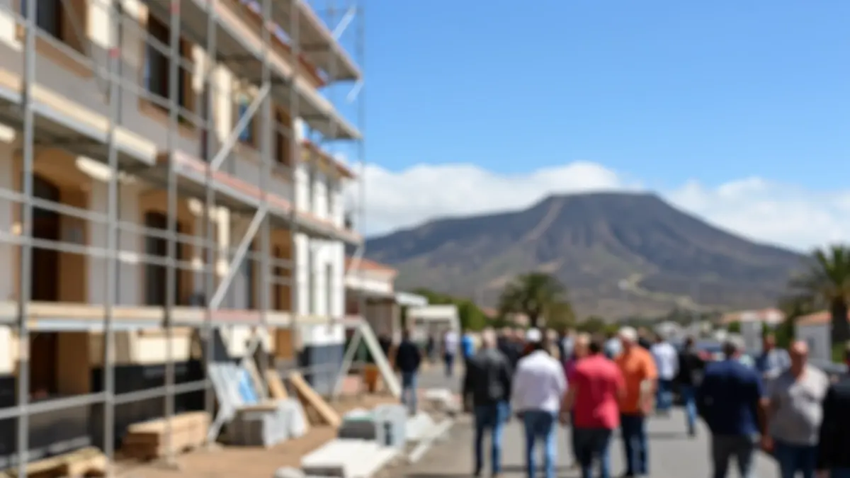 Imagen genérica de obras de ampliación en un edificio con cielo azul y paisaje volcánico.