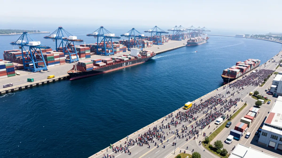 Aerial view of a commercial port with containers and cranes.