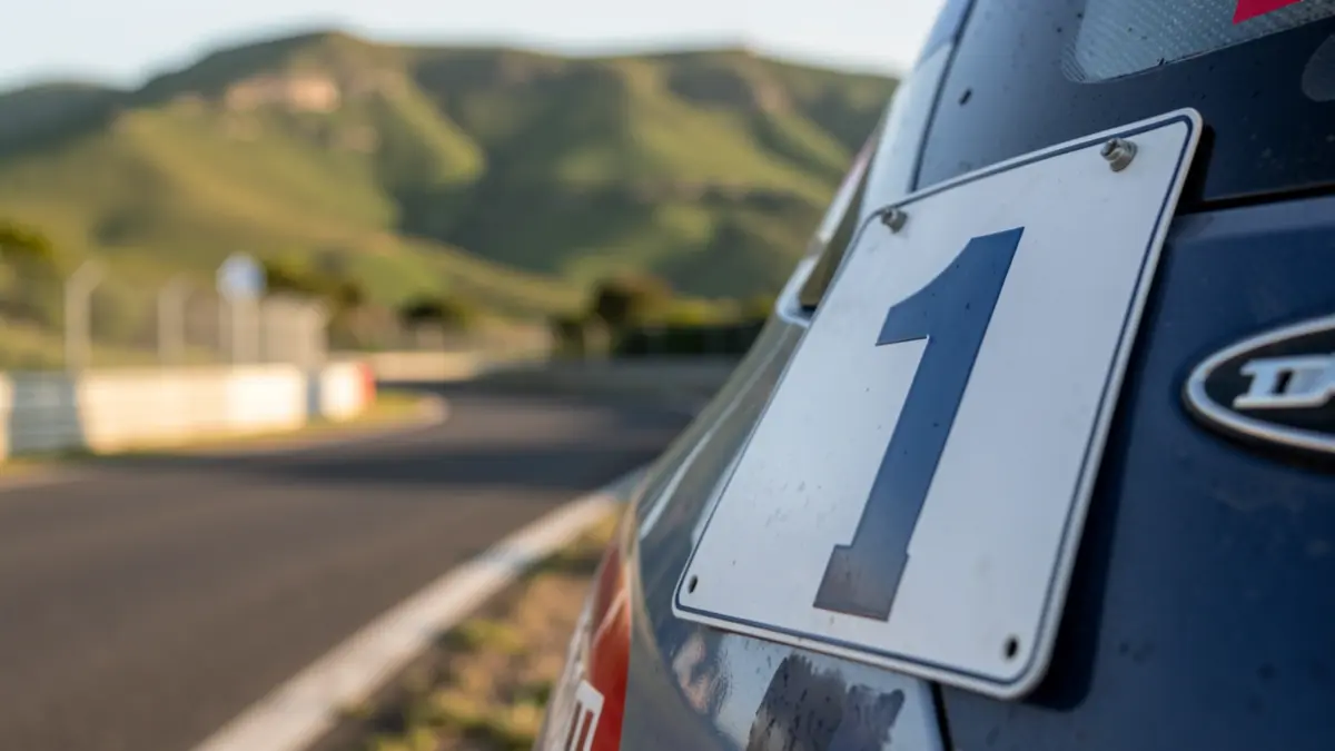 Close-up of the number '1' plate of a rally car in the Canary Islands.