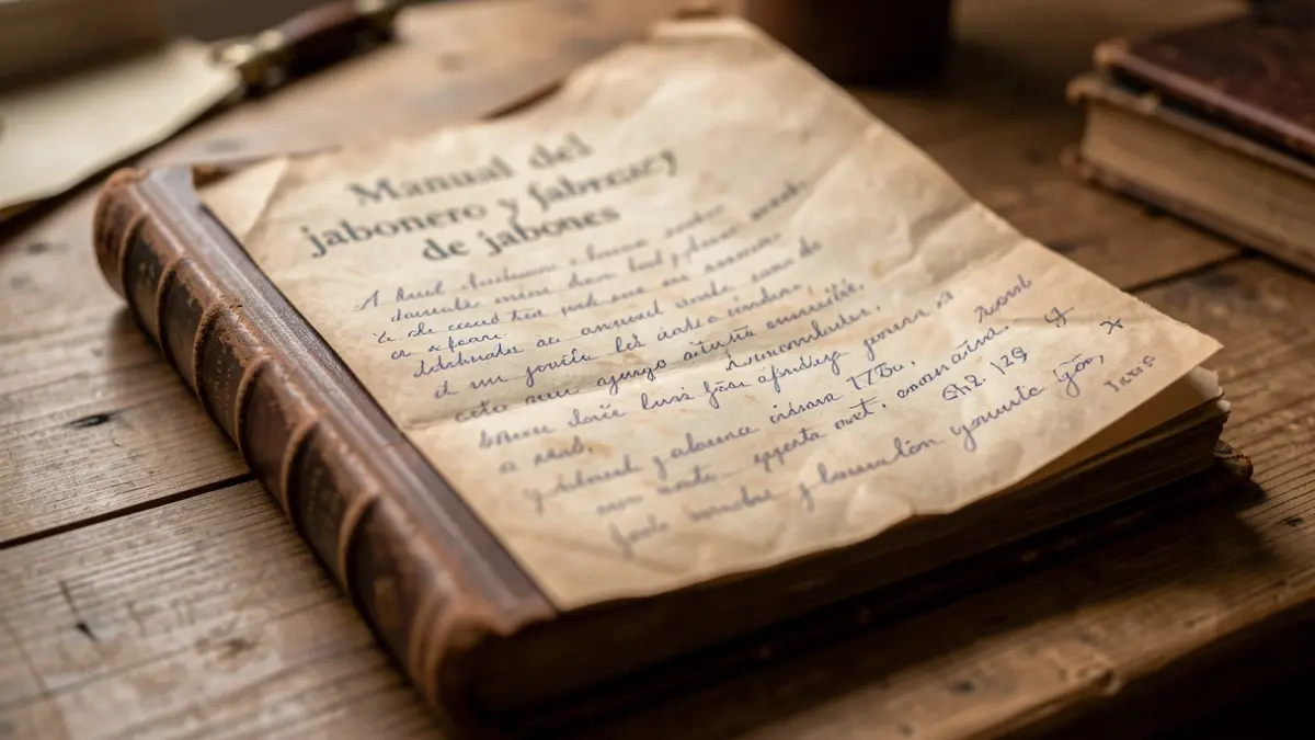 Close-up of an old, leather-bound book titled 'Manual del jabonero y fabricación de jabones', open on a wooden table with aged pages and handwritten annotations. Soft, warm light.