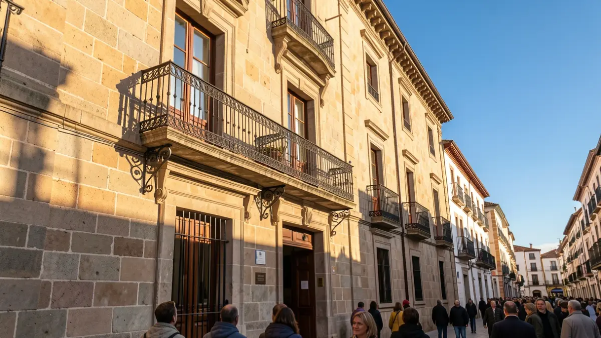 Stone facade of a Canarian town hall with an wrought iron balcony, afternoon sunlight.