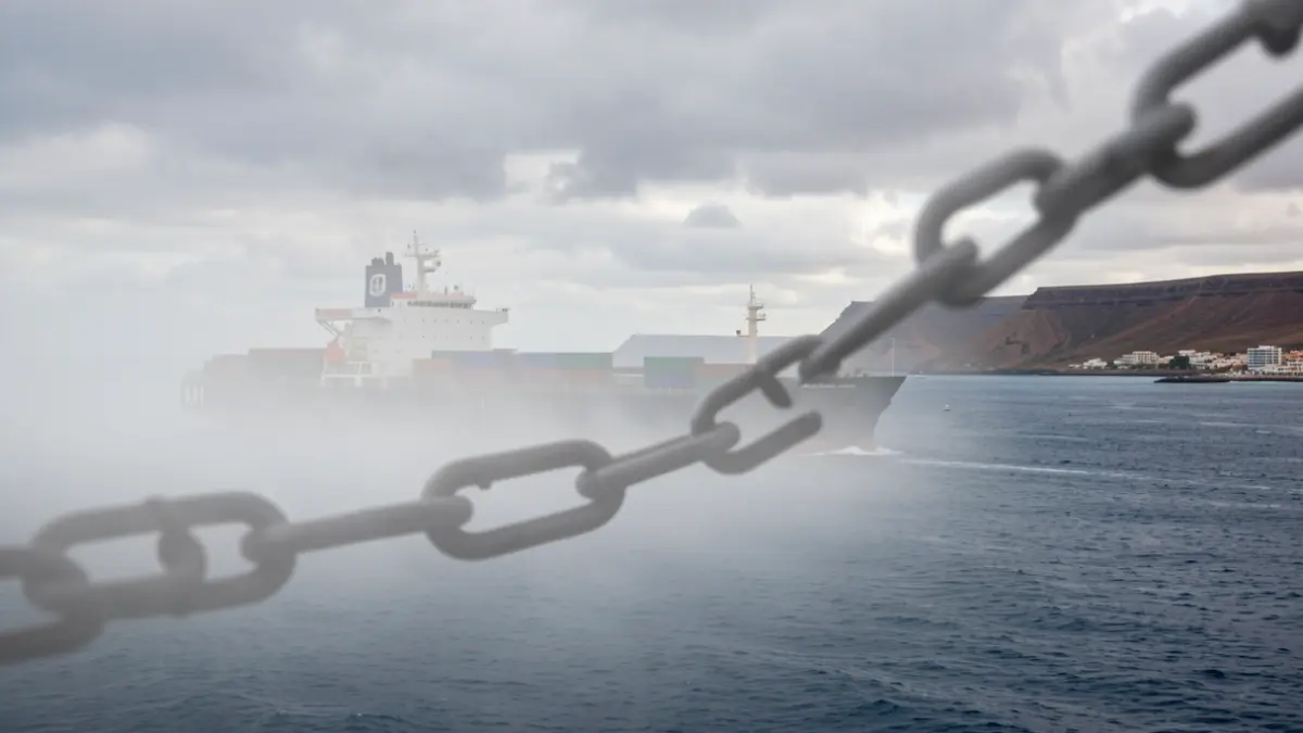 Symbolic image of a broken maritime connection with a ship and a broken chain link off the coast of Fuerteventura.