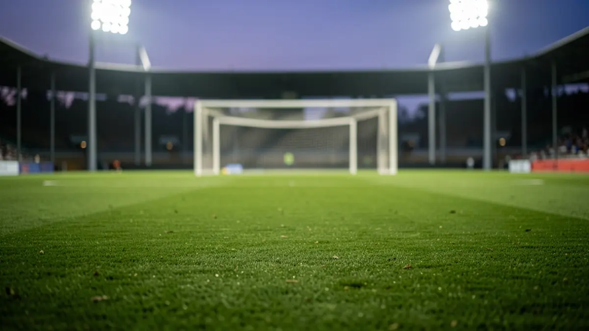 Imagen genérica de un campo de fútbol al atardecer con luces.