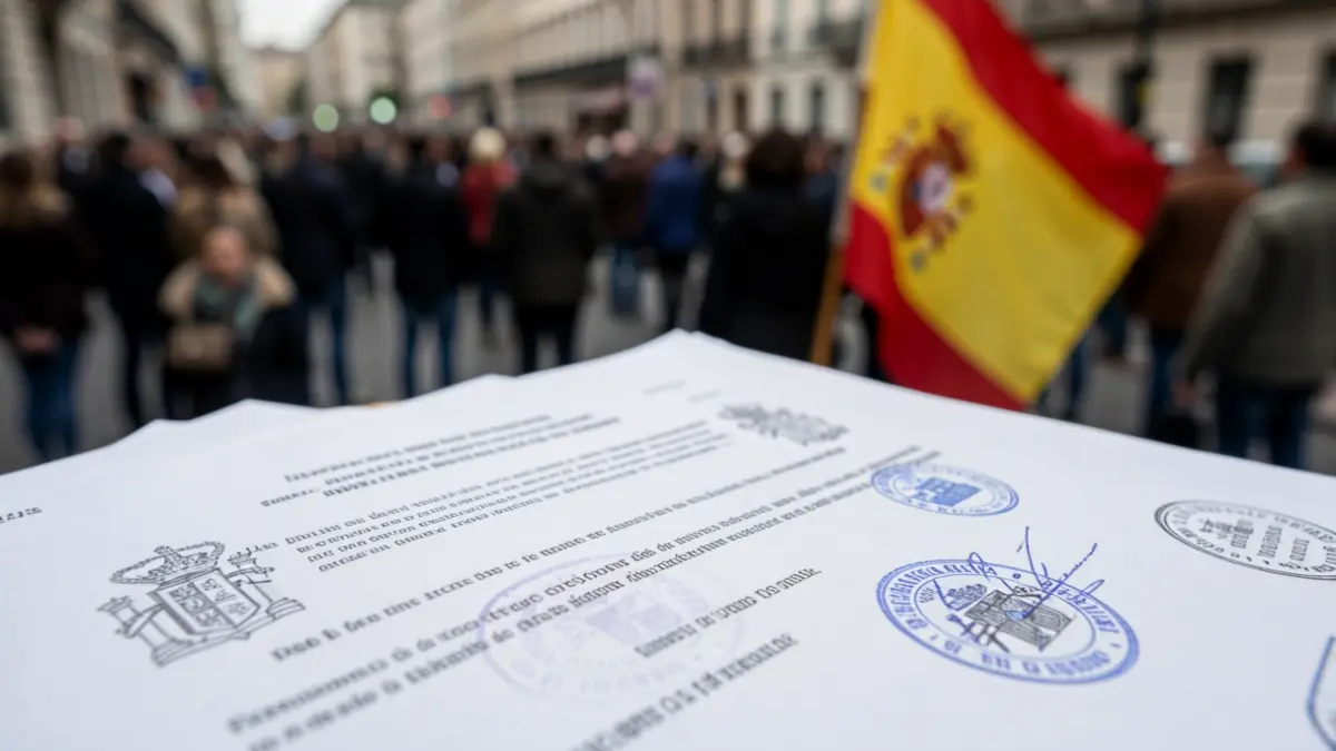 Generic image of a legal document with official seals and a blurred Spanish flag.