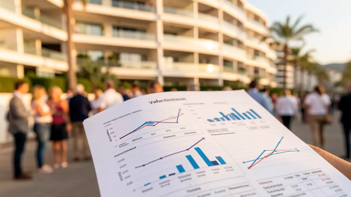 Image of a housing appraisal document with graphs and figures, with an apartment building in the Canary Islands in the background.